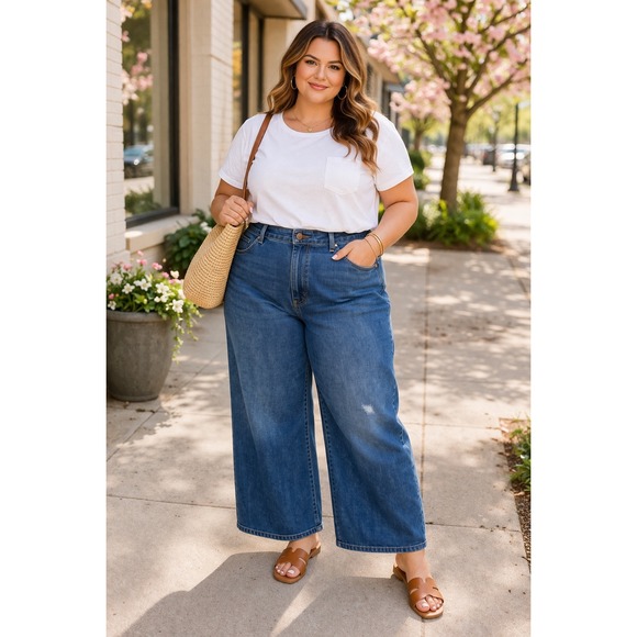 Lane Bryant Denim - Lane Bryant 22P Wide Leg Jeans Medium Wash Pintuck Seam Petite Plus Size A1440